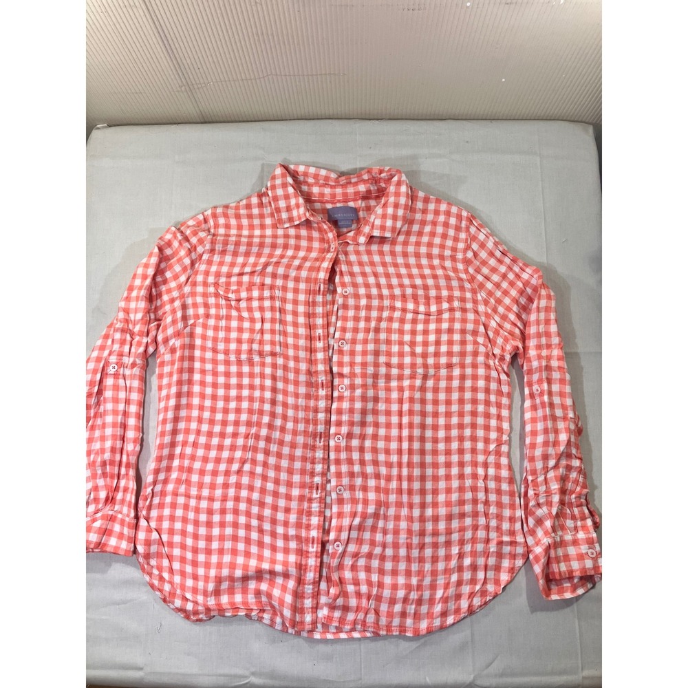 Laura Scott Womens L/G Coral White Gingham Plaid Long‎ Sleeve Button Down Shirt